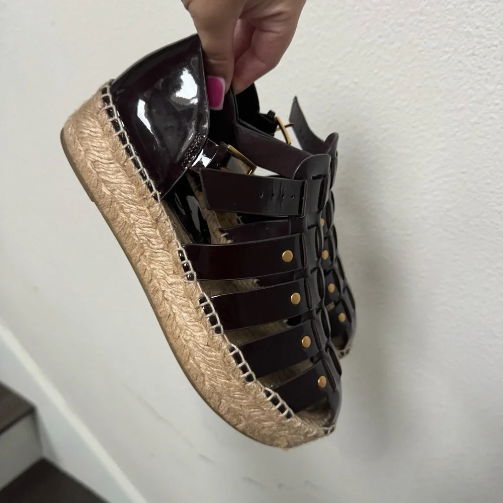 Gorgeous Tory Burch Fisherman Platform Espadrille Dark Cherry Red Patent Leather